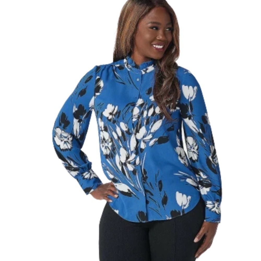 NYDJ Ruffle Neck Long Sleeve Button Down Blouse Creekside
Blossoms Oversized XS